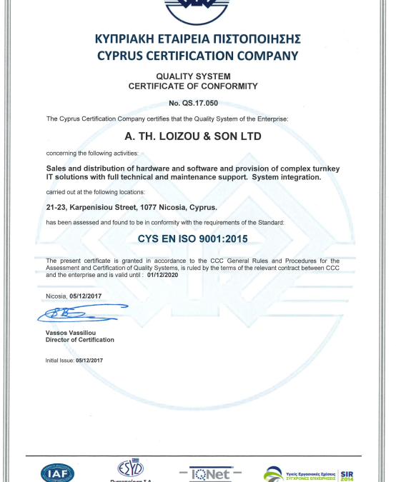 A.Th.Loizou & Son Ltd is ISO 9001 certified